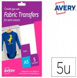 PAPEL TRANSFER AVERY PARA CAMISETAS ALGODON COLORES OSCUROS INK-JET DIN A5 PACK DE 5 HOJAS