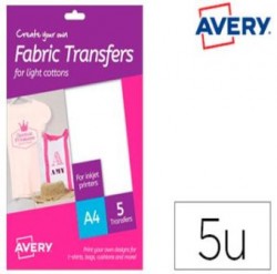PAPEL TRANSFER AVERY PARA CAMISETAS ALGODON COLOR BLANCO INK-JET DIN A4 PACK DE 5 HOJAS